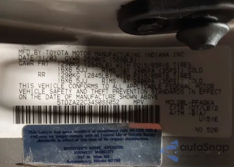 2004 Toyota Sienna Xle from USA, damaged, VIN 5TDZA22C34S088052